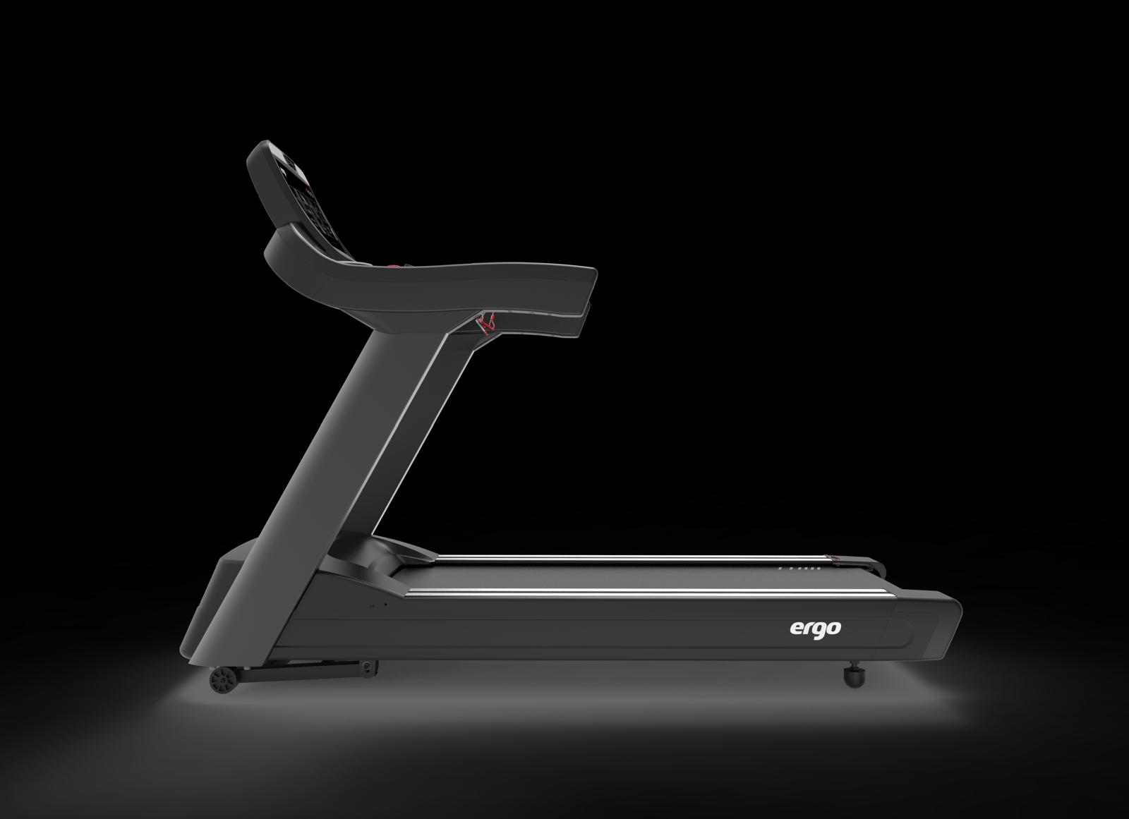 Profesjonell tredemølle med tung stålramme, AC-motor og touchdisplay for høyt belastede treningsrom.